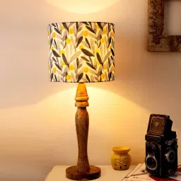 Leafy Impressiom Multicolor Canvas Shade Table Lamp with Brown Base by Green Girgit image 1