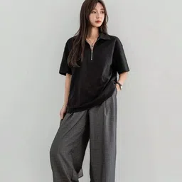 sixteenlines Women Solid Zip Neck Reversible Cotton Blend Black T-Shirt image 5