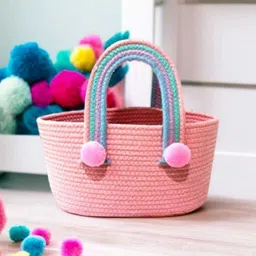 ambaenterprises Cotton Pink Pom Pom Cotton Rope Storage Basket – 10x6x6 Inch Storage Basket-picture-20