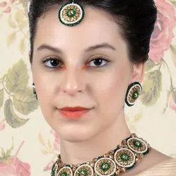 ODETTE Gold-Plated Stones Studded & Beaded Choker Necklace With Earrings & Maang Tika image 2