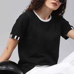 roadster Women Solid Round Neck Pure Cotton Black T-Shirt-picture-24