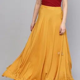 rare roots Women Solid Flared Yellow Skirt-picture-11