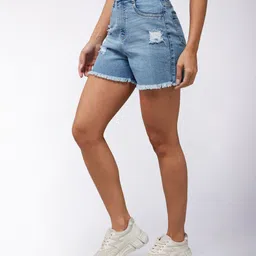 miss chase Self Design Women Blue Denim Shorts image 5