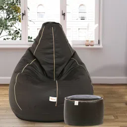 mintwud from pepperfry Combo Classic XXXL Leatherette Bean Bag with Beans in cream piping & Brown Colour with Pouffe image 1