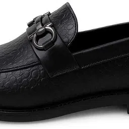 Shoecide Men’s Black Textured Loafers with Metal Buckle – Formal & Casual Wear Loafers For Men image 2