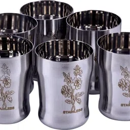 akashmetal (Pack of 6) STEEL FLOWER PRINTED WATER GLASS Glass Set Water/Juice Glass-picture-18