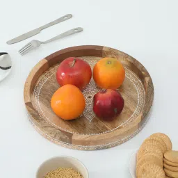 wooden home Mango Wood White Emboss Handpainted Rectangular Serving Tray in Natural Finish image 1