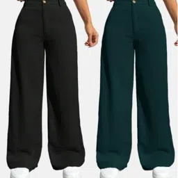 whisq Pack of 2 Women Regular Fit Black, Green Cotton Blend Trousers-picture-32