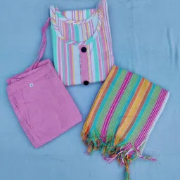 dream world fashion Khadi Cotton Kurti Pant with Dupatta Striped Kurta, Trouser/Pant & Dupatta Set-picture-24