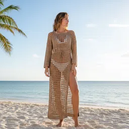 momisy Beachware Lace Dress Self Design Women Bikini Brown Swimsuit image 5