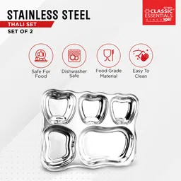 classic essentials Stainless Steel Lunch Dinner Plate, Apple Design Bhojan Thali 5in1 Compartments Dinner Plate image 3
