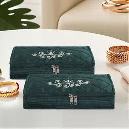 kuber industries 2 Pcs Cotton Makeup Pouch Bag with 6 Compartments | New Embroidery - Green Multi Purpose Vanity Box-picture-22