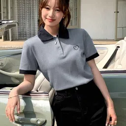 streetwardrobe Women Self Design Polo Neck Cotton Blend Grey, Black T-Shirt-picture-13