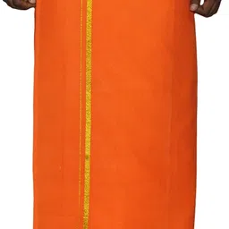 Prakasam Cotton Premium Quality Welcro Pocket Gold Jari - Cotton Orange Solid Men Dhoti image 2