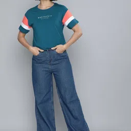 patche Women Colorblock Round Neck Pure Cotton Blue, White T-Shirt image 3