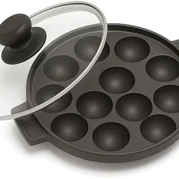 Pre-Seasoned Cast Iron 12-Pit Paniyaram Pan/Appam Patra with Glass Lid Paniarakkal Set with Lid 1.1 L capacity 20 cm diameter-image-34