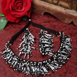 Moedbuille Black & White Stone Studded Tasselled Afghan Design Handcrafted Jewellery Set-picture-22