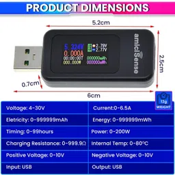 amicisense 10-in-1 Digital USB Tester – Voltage, Current, Power, mAh, mWh, Resistance Digital Voltage Tester image 5