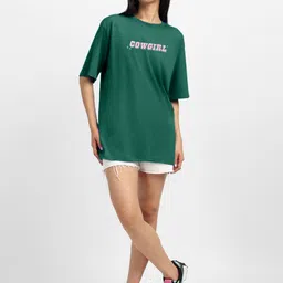 juneberry Oversized Women Printed Round Neck Pure Cotton Dark Green T-Shirt image 5