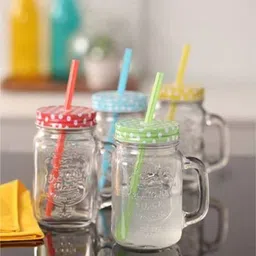 regalo (Set of 2) 450ml Glass Mason Jar with Handle & Multi-Colour Air-Tight Lid with Straw (Transparent) image 5