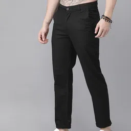 roadster Men Regular Fit Black Cotton Blend Trousers image 2
