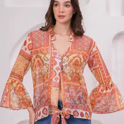 jc4u Casual Regular Sleeves Printed Women Orange Top image 3