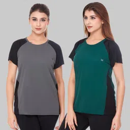 white moon Pack of 2 Women Colorblock Round Neck Polyester Multicolor T-Shirt-picture-13