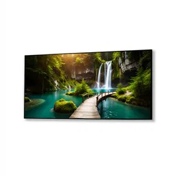 nestroots Black Canvas Framed Enchanting Waterfall with Scenic Bridge Wall Painting(24X48 Inch) image 3