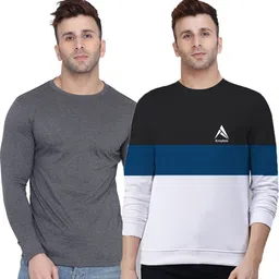 kroptee Pack of 2 Men Colorblock Round Neck Cotton Blend Multicolor T-Shirt-picture-14