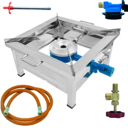 Single Burner Stainless Steel Square Bhatti with Fitted Brass Nut Hose Pipe, High Pressure Regulator, Valve and Gas Lighter (12 L X 12 W X 8 H Inch, Silver) Stainless Steel Manual Gas Stove-image-22