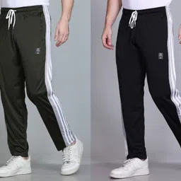 hvbk Pack of 2 Men Striped Black, Dark Green Track Pants image 4