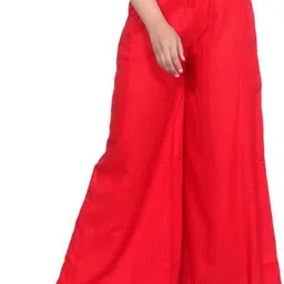 Women Flared Red Cotton Blend Trousers-image-5