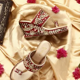 Women Slip-Ons Floral Embroidered Ethnic Wedge Heel Bridal Sandals | Heel: 3 Inches Heels Sandal-image-42