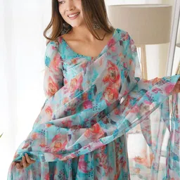 grishu collection Floral Print Anarkali Kurta, Bottom & Dupatta Set image 3