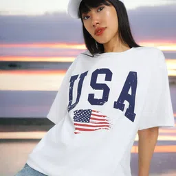juneberry Oversized Women Printed Round Neck Pure Cotton White T-Shirt-picture-14