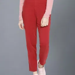 Women Regular Fit Maroon Cotton Blend Trousers-image-42