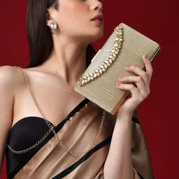 rubans Golden Coloured Box Clutch With Studded American Diamonds Sling Bag-picture-10