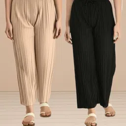 fabricalign Pack of 2 Women Relaxed Beige, Black Crepe Trousers-picture-28