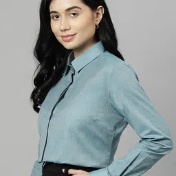 english navy Women Regular Fit Self Design Spread Collar Formal Shirt image 3