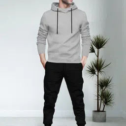 blive Men Night Suit Set Grey, Black Solid image 1