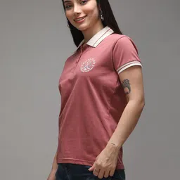 dillinger Women Solid, Embroidered Polo Neck Pure Cotton Pink T-Shirt image 3