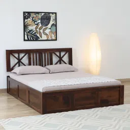 woodsworth from pepperfry Kenzo Sheesham Wood Queen Size Bed In Provincial Teak Finish With Headboard & Hydraulic Storage image 1