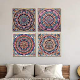 nestroots Mandala Flower Canvas Set Printed Wall Painting Set of 4 Gold Frame image 1
