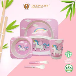 deepashri Bamboo FIbre Pink Unicorn Baby Feeding kids Dinner Set (Plate, Bowl, Cup, Spoon & Fork) Dinner Set image 3