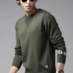 Men Solid Round Neck Green Sweater-image-20
