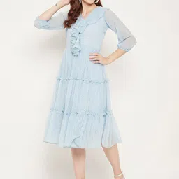 Bitterlime Blue Striped Georgette A-Line Midi Dress image 4