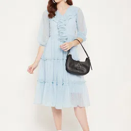 Bitterlime Blue Striped Georgette A-Line Midi Dress image 2