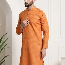 SOJANYA Men Orange Thread Work Dobby Kurta image 5