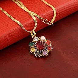 krishna gems Navratan/Navgrah Pendant In Gold Plated Brass Stone, Metal Locket image 2