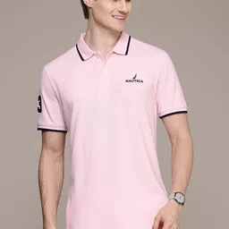 nautica Men Solid Polo Neck Pure Cotton Pink T-Shirt image 3